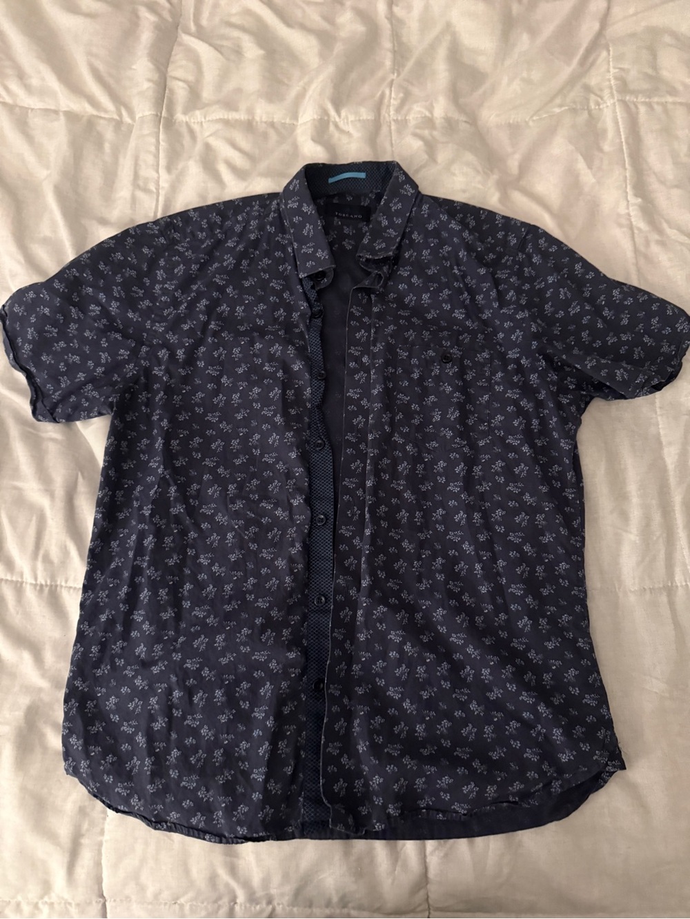 Navy Short-Sleeve Printed Dress Shirt